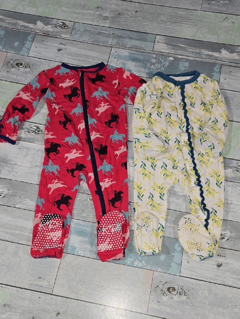 Kickee Pants Red Horse Print & Cream Yellow Floral Footed Sleepers Sz 6-9 Mo